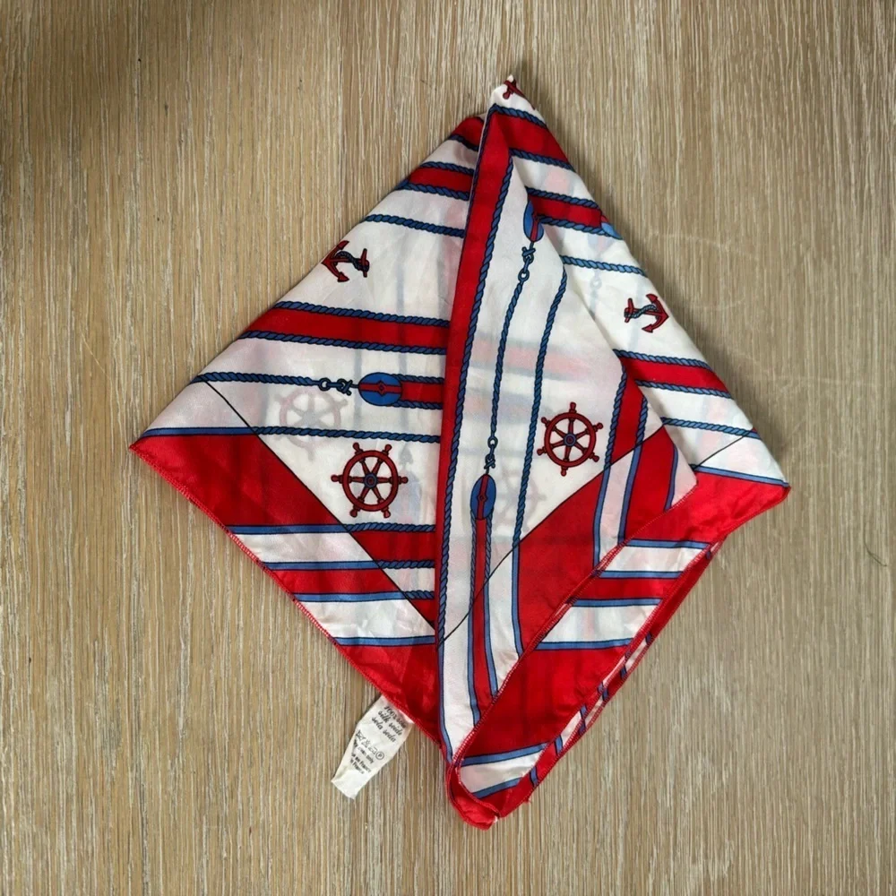 Women’s 100% silk red square nautical themed anchor print scarf 17x 23 inches